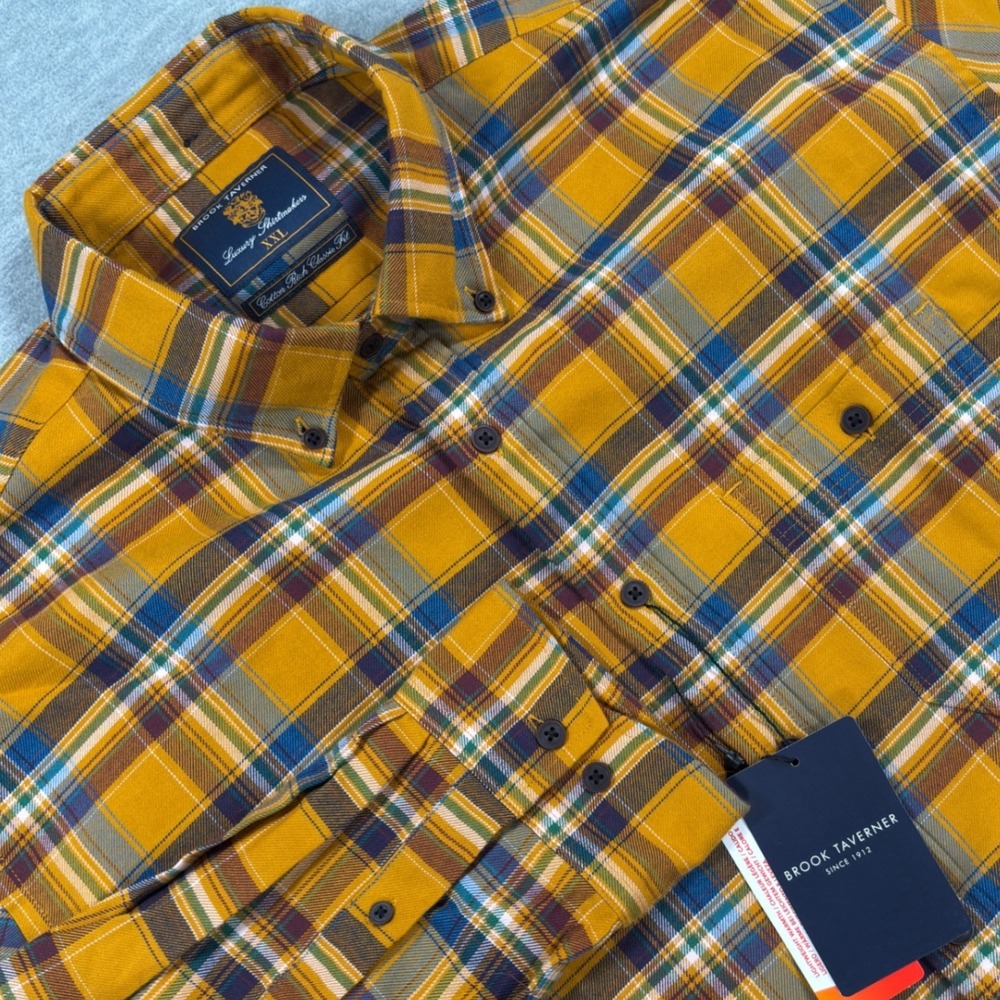 Brook Taverner XXL Mustard Yellow Plaid Thermolite Cotton Classic Fit Shirt NEW